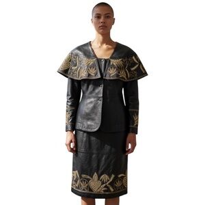 Vintage Raw Basix Genuine Leather Women’s‎ Embroidered Beaded Black Leather XL